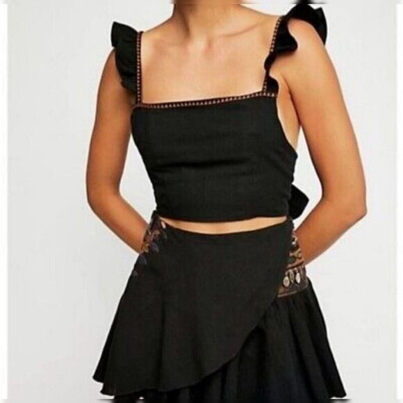 Free people Sria Festival Crop top Black Tie Back Size 8 - Picture 2 of 10
